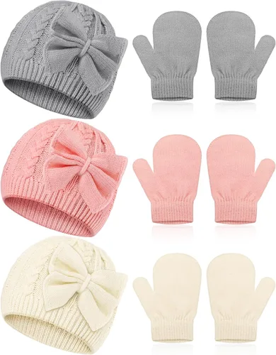 Miniatura 8 de SATINIOR 3 Set Toddler Hat Glove Set, Kids Winter Hats Warm Knitted Beanie Mittens Gloves with Bow for Baby Girls Boys 0-6Y