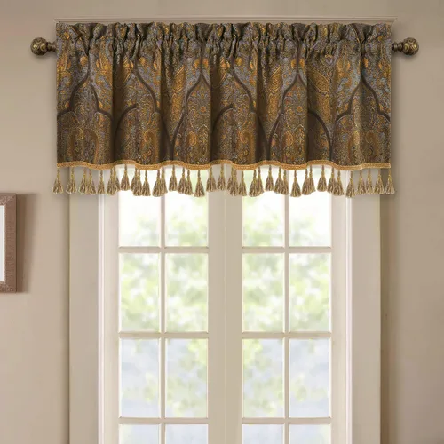 Miniatura 20 de Loom and Mill Cenefas de jacquard de lujo para ventana de sala de estar, elegante cenefa de cortina de damasco beige con ribete de cuentas, cortina