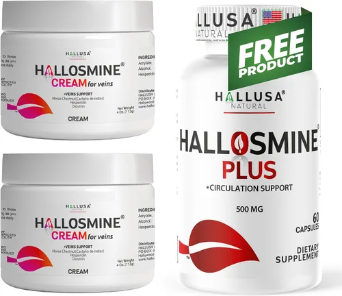 Crema de Hallosmine para venas, paquete de 2 + Hallosmine gratis más diosmina 500 mg – Hesperidina, castaño de indias y aloe vera – Soporte para