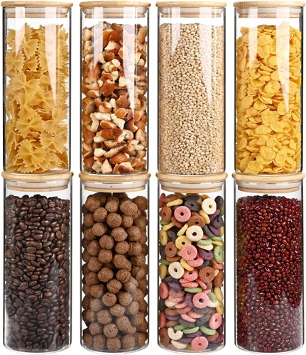 Miniatura 19 de SHOWIN Tarros de almacenamiento de pasta de vidrio de 73 onzas, tarros altos de vidrio con tapas de bambú, contenedor de espagueti, juego de 3