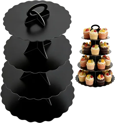 AMZWKT Soporte para cupcakes de 4 niveles, color negro, torre de exhibición de postres de cartón extragrande, fácil montaje para decoración de