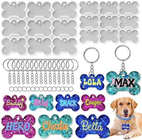 ResinWorld Juego de moldes de silicona de hueso de perro de 2 y 1.5 pulgadas con 15 llaveros y 15 anillos de salto, molde de etiqueta para mascotas