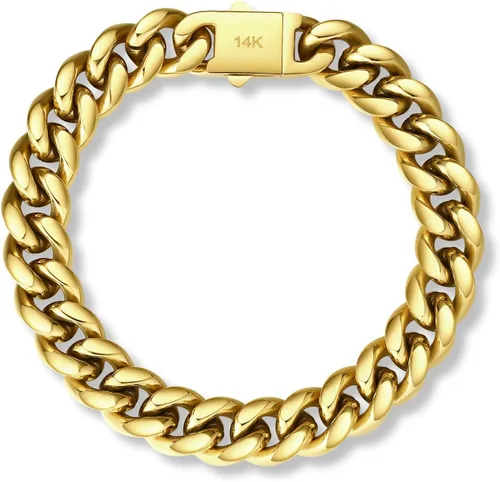 Pulsera de cadena cubana Miami de 0.394 in y 0.472 in para hombres y mujeres, chapado en platino de 14 quilates, joyería de hip hop de acero