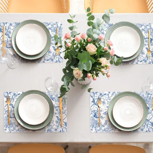 Miniatura 7 de AnyDesign Paquete de 50 manteles individuales de papel de flores y pájaros, ramas de hortensias azules y blancas, manteles individuales desechables