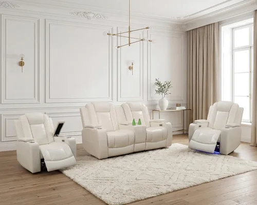 Miniatura 30 de Juego de 3 piezas para sala de estar, sofá reclinable eléctrico de cuero con puertos USB, iluminación LED y portavasos, asientos de cine en casa