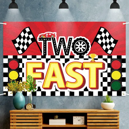 Miniatura 6 de Cartel grande de 2º cumpleaños para niños con dos decoraciones rápidas, cartel grande de 2º cumpleaños con temática de carreras, cartel