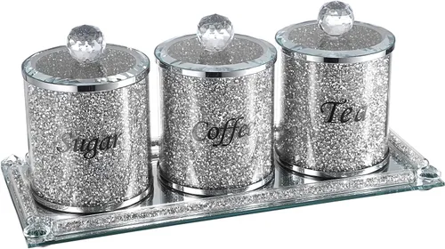 JUXYES Juego de 4 recipientes de cristal chispeante con diamantes triturados para azúcar, café y té, incluye bandeja, lujosos recipientes de