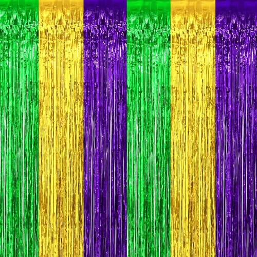 Paquete de 4 Cortinas de Flecos de Papel de Aluminio para Telón de Fondo Mardi Gras, 3.28 pies x 8.2 pies Dorado Verde Morado Serpentinas de Flecos