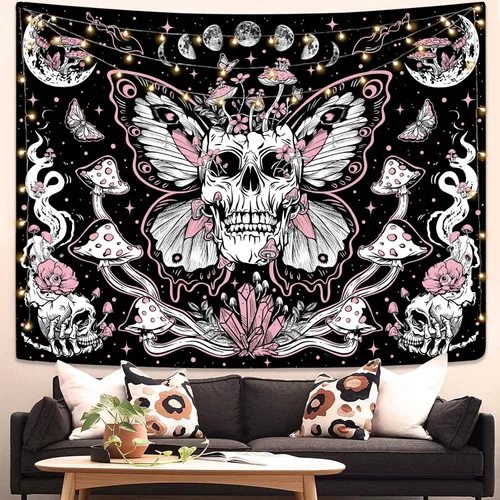 kampdream Tapiz floral de calavera, esqueleto, hongo, gótico, jardín, tapiz estético para dormitorio (36.00 x 48.00 pulgadas, negro rosa)