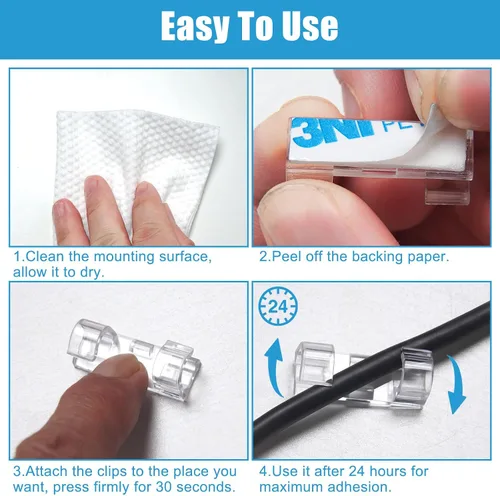 Miniatura 5 de 40 clips adhesivos fuertes transparentes, soportes de alambre de alta calidad para pared, organizador de cables fuerte debajo del escritorio