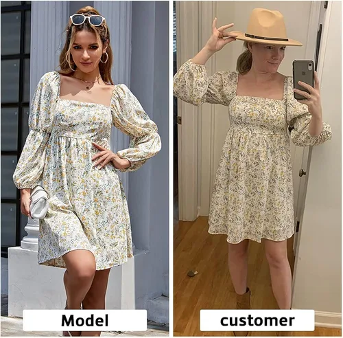 Miniatura 2 de EXLURA - Vestido de cuello cuadrado para mujer con manga larga abombada acampanado casual corto