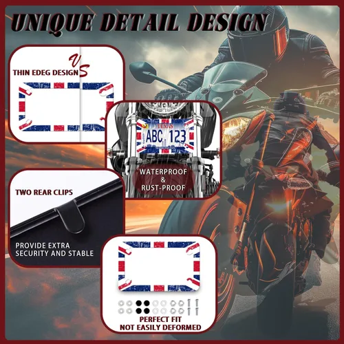 Miniatura 5 de Marco de placa de matrícula de motocicleta con bandera británica vintage del Reino Unido de acero inoxidable divertido soporte para placa de Bandera