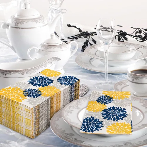 Miniatura 5 de 80 servilletas de papel de Dalia para invitados, azul marino, amarillo, plateado, flores, servilletas de baño, modernas y elegantes, desechables
