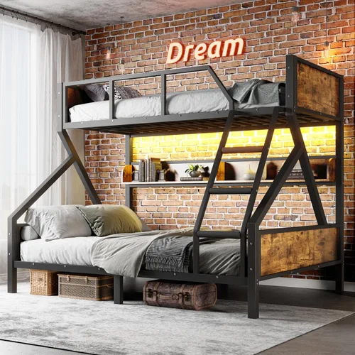 Miniatura 14 de Litera individual XL sobre Queen con estantes de almacenamiento, luz LED y escaleras, marco de cama de metal resistente con tabla de madera