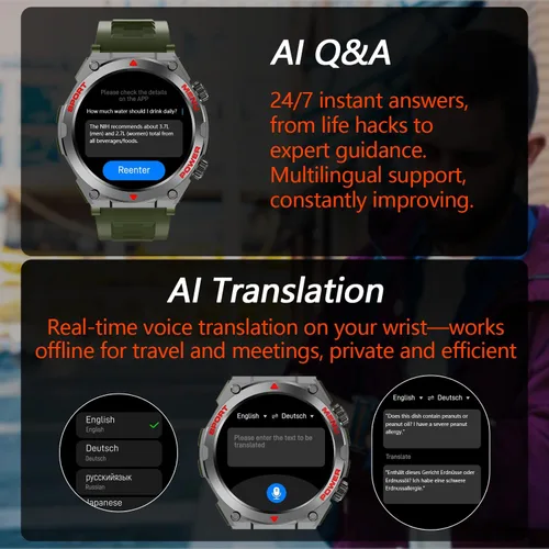 Miniatura 7 de Reloj inteligente militar para hombre con preguntas y respuestas AI (respuesta/hacer llamadas/respuesta SMS), reloj inteligente HD de 1.52 pulgadas