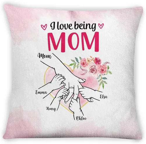 Hands Holding Hand Floral Heart I Love Being Mom, Personalized Pillow, Gifts for Mom Mother from Kids Children Mothers Day Option 1