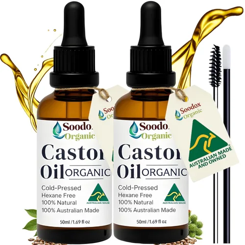 Soodox Orgánico | Aceite de ricino 100% orgánico certificado | Paquete de 2 botellas de vidrio de 1.7 fl oz – puro prensado en frío/libre de