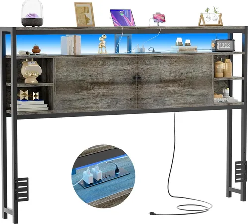 Miniatura 8 de Unikito Cabecera individual con almacenamiento, cabeceros con toma de corriente y luces LED inteligentes, cabecera resistente para cama