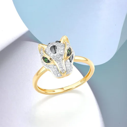 Miniatura 3 de Santuzza Anillo de oro macizo amarillo de 10 quilates con diamantes y granate verde delicado para mujer