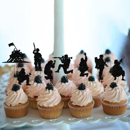 Miniatura 7 de Decoración para tartas de soldado con temática militar, 12 vasos de papel con purpurina negra, Día del soldado, veteranos, cumpleaños de hombres