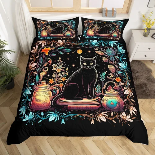 Miniatura 36 de Juego de funda de edredón para niños con diseño de gato lindo, tamaño individual, juego de ropa de cama con hojas de flores, luna, noche y cielo
