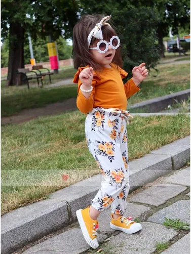 Miniatura 3 de SANMIO Conjunto de ropa para niña pequeña, camisa de manga con volantes, pantalón floral con diadema, 3 piezas, conjunto de ropa para bebé niña 1-5T