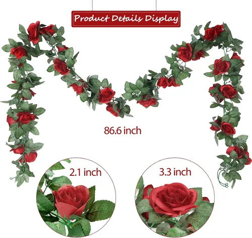 Miniatura 5 de Syhood Guirnalda de rosas artificiales, enredaderas y hojas, pancartas colgantes, guirnalda floral falsa para ceremonia de arco de boda, hogar, Rojo