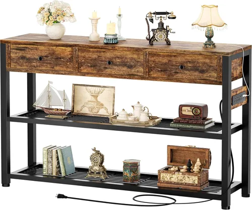 Miniatura 14 de Ecoprsio Mesa de entrada con salidas y puertos USB, mesa consola con 2 cajones, mesa de sofá pequeña con estantes de almacenamiento para sala