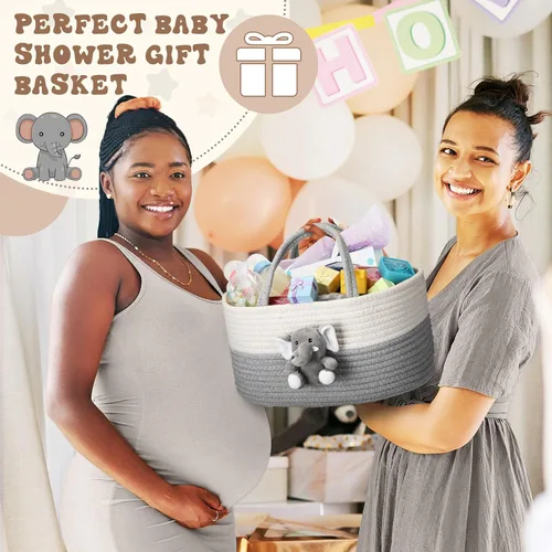 Miniatura 5 de FoldTier Organizador de pañales de elefante, carrito de almacenamiento para guardería, con asa, cesta de baby shower, regalo de baño de bebé