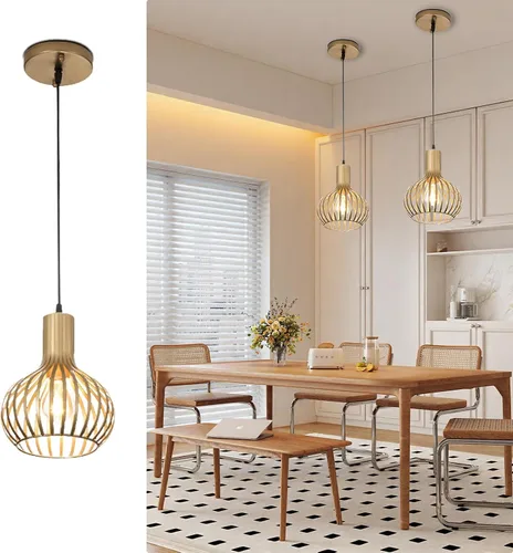 Lámparas colgantes doradas, lámpara colgante colgante con pantalla de jaula de metal para isla de cocina, bar, sala de estar, comedor E26