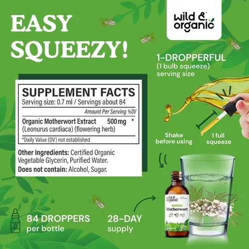Miniatura 3 de Wild & Organic Motherwort Tintura - Buen estado de ánimo, calma, apoyo de la mujer - Gotas de extracto de hierba Motherwort - Suplemento vegano, sin