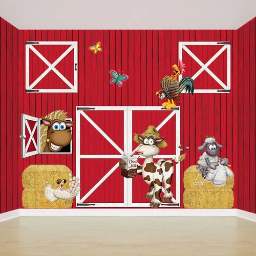 Miniatura 4 de Beistle Accesorios para puerta de granero rojos: paneles de fondo de fotos de plástico fino con impresión de puerta izquierda y derecha para fiestas