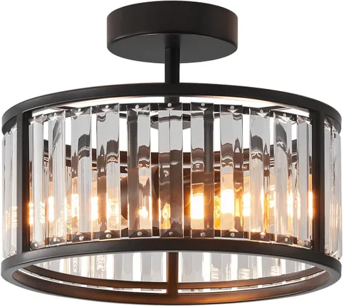 Miniatura 9 de Lámpara de techo negra empotrada, lámpara de cristal enjaulada de 2 luces, lámpara de pasillo de tambor pequeño, montaje de techo