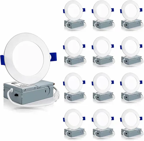 Meconard Paquete de 12 luces LED empotrables ultrafinas de 4 pulgadas con caja de conexiones, 3000 K/4000 K/5000 K seleccionables, 9 W = 75 W 750 LM