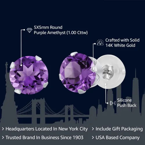 Miniatura 2 de Gem Stone King Aretes de tuerca de amatista morada de oro blanco de 14 quilates de 1.00 quilates para mujer Piedra natal Redondo de 0.197 in, Oro