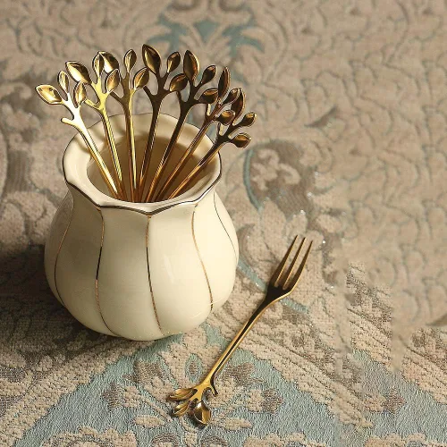 Miniatura 2 de Gold Leaf - Cuchara de café expreso para aperitivo, tenedor de postre, helado para té, azúcar, tenedor para pastel de frutas, acero inoxidable