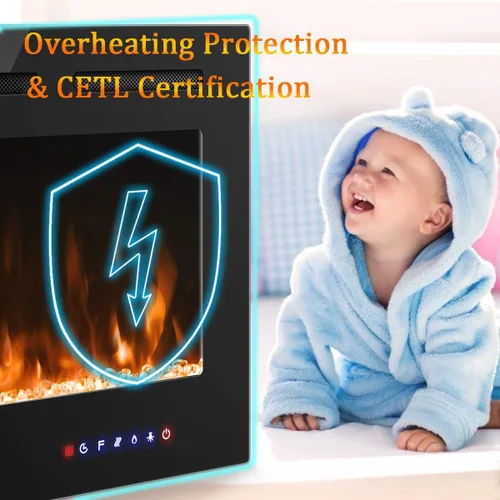 Miniatura 8 de COSTWAY Chimenea eléctrica de 50 pulgadas, 750 W/1500 W empotrada en pared y montaje con control remoto, 9 colores de llama, 5 ajustes de brillo