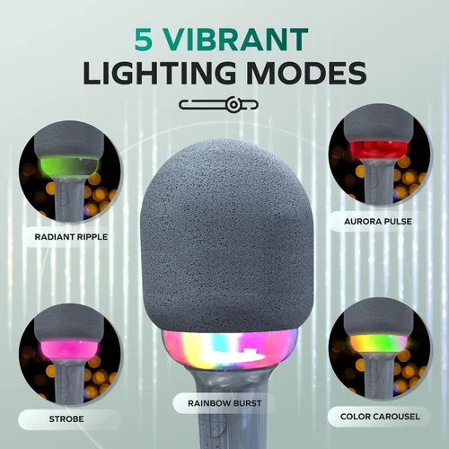 Miniatura 3 de Coby Micrófono LED para karaoke, micrófono inalámbrico con 5 modos de luz y 4 modos de cambio de voz, altavoz Bluetooth compatible con smartphone