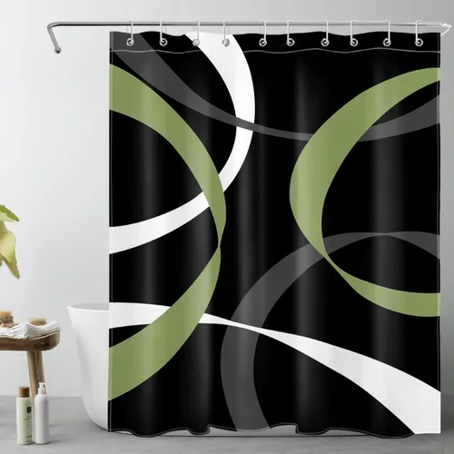 Miniatura 25 de LB Cortina de ducha abstracta rosa para baño, cortina de ducha de tela a rayas grises y blancas sobre fondo negro con ganchos, juego de cortinas