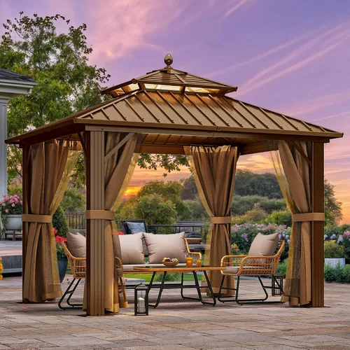 Miniatura 11 de DWVO Gazebo de techo rígido de 10 x 10 pies, techo doble con redes y cortinas, techo de rayas verticales de acero galvanizado resistente para patio