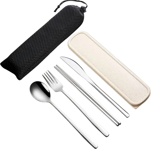 Miniatura 10 de VANRA Juego de utensilios de viaje portátiles de 3 piezas con estuche, juego de cubiertos de acero inoxidable 18/8, juego de cubiertos reutilizables
