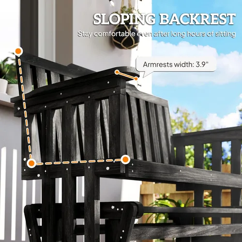 Miniatura 8 de Outsunny Banco de columpio para patio para 2 personas con diseño de secado rápido y reposabrazos anchos, mecedora de madera para patio trasero, Negro