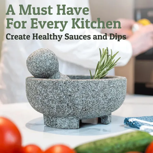 Miniatura 4 de PriorityChef - Juego de mortero y mano de mortero de granito – Molcajete Mexicano de piedra natural de 6.1 pulgadas para especias, condimentos