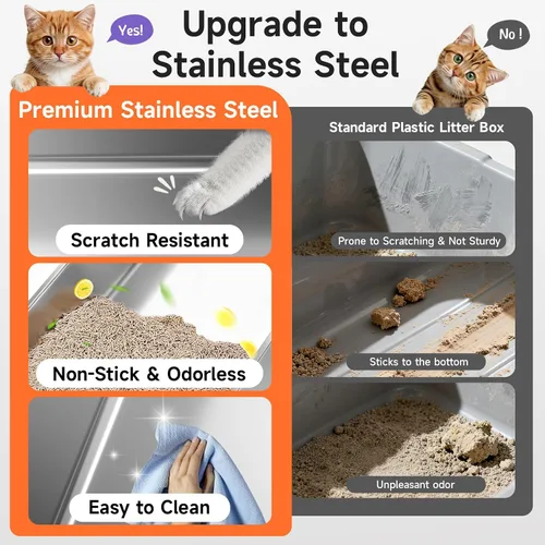 Miniatura 5 de Caja de arena de acero inoxidable para gatos, caja de arena de metal sin olor con tapa de lados altos, bandeja de arena de entrada baja con parte