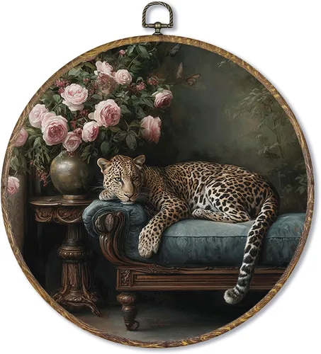 Fewgb Arte de pared redondo con diseño de leopardo y guepardo vintage, enmarcado, lienzo floral Moody para dormitorio, decoración retro de moda