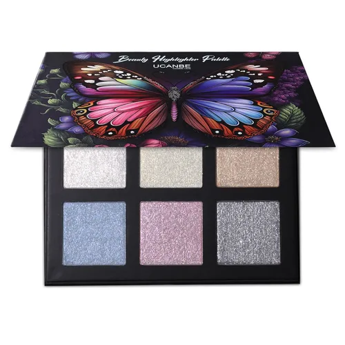 UCANBE Paleta de maquillaje iluminador de belleza, paleta de maquillaje en polvo brillante, 6 colores, perla, blanco, rubio, azul, morado, plateado,