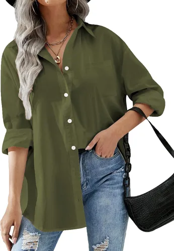 Miniatura 13 de HOTOUCH Camisas de gran tamaño con botones para mujer, blusa de hombro caída para oficina, de manga larga, estilo novio, camisa de vestir