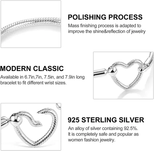 Miniatura 7 de Parmuz Charm Bracelet For Woman 925 Sterling Silver Basic heart clasp Iconic Moments Snake Chain Bracelet Gift for Teen Girls Men Mother Daughter