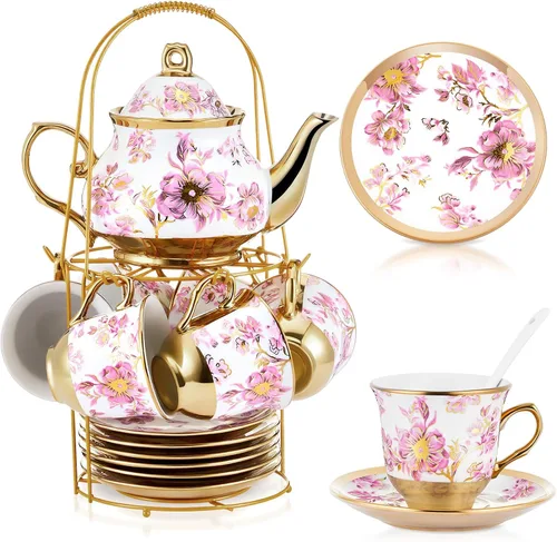 Miniatura 14 de Zhehao Juego de té de porcelana de 20 piezas con soporte de metal y cuchara para adultos, juego de té de cerámica para adultos, pintura de flores