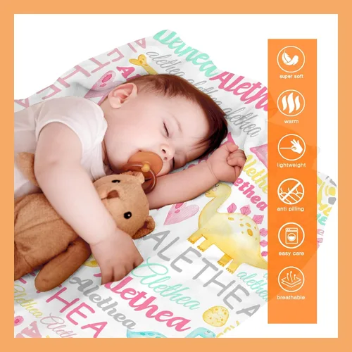 Miniatura 9 de Manta personalizada con nombre de bebé, dinosaurios, regalo para bebés y niñas, manta de franela suave para recién nacidos, manta cómoda y acogedora